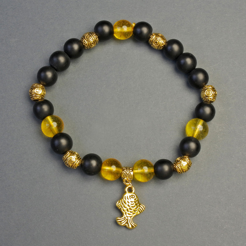Shungite and Amber Bracelet with Goldfish Pendant, 8mm diameter, 18cm length, stretch