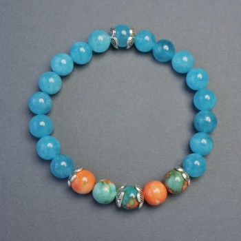 Aquamarine and Variscite Bracelet, Smooth 8mm Round Beads, 18cm ± Stretch Length