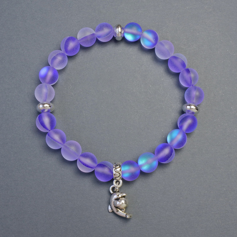 Opal glass bracelet smooth round beads purple matte chameleon, 8mm dia. + - with inlays, length 18cm+- stretch