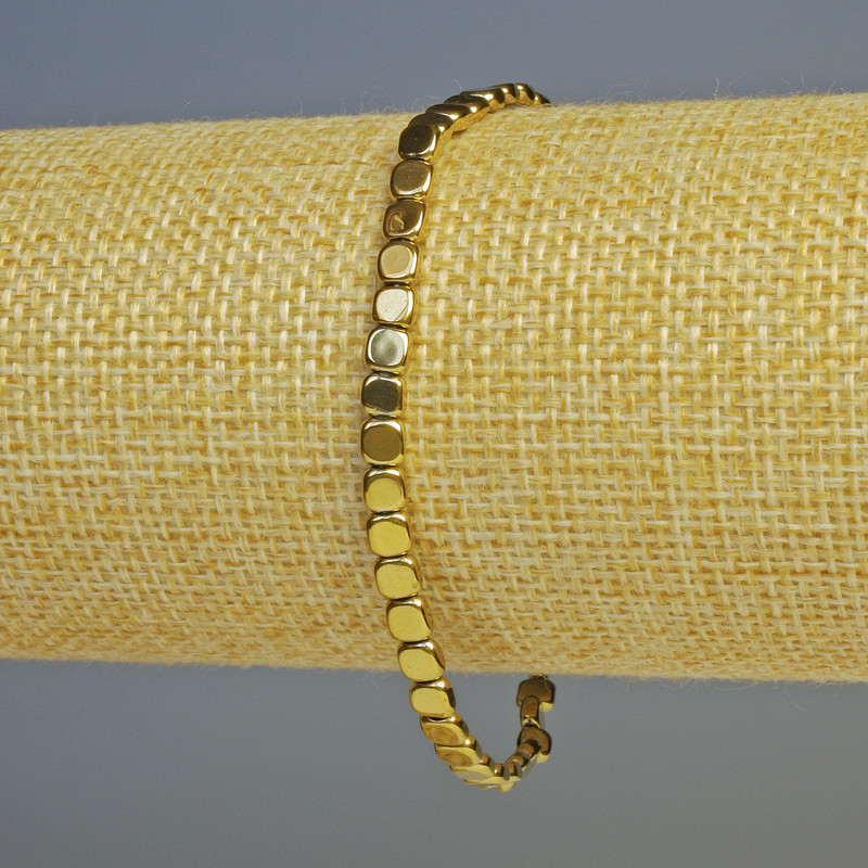 Hematite Square Bracelet Gold Color, 4x4x2 mm+, Stretch, 18 cm ±