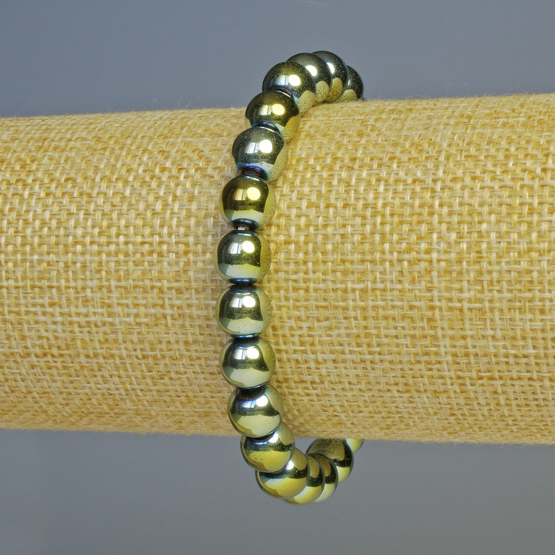 Hematite Bead Bracelet, color-changing green, 8mm beads, stretchy 18cm