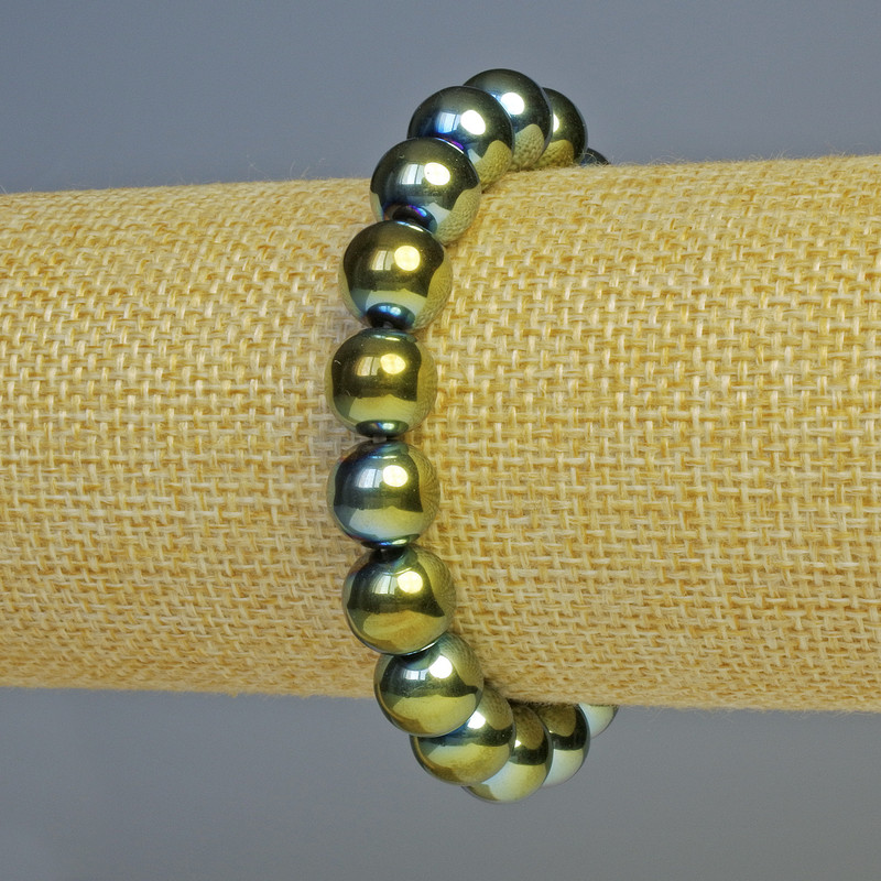 Hematite Bead Bracelet, chameleon green color, 10mm diameter +/-, 18cm length +/- stretch