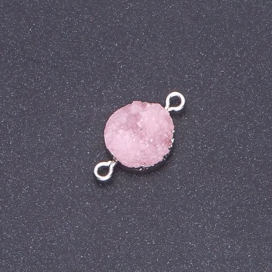 Pink druzy acrylic connector, silver, diameter 14mm, L3mm
