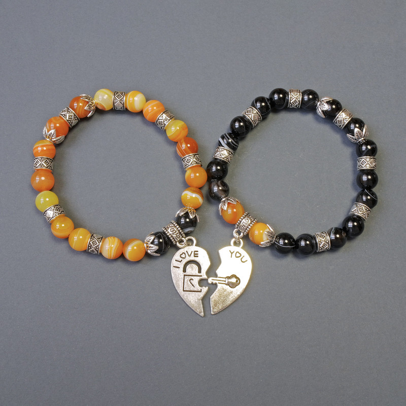 Set of Agate Bead Bracelets with Smooth 8mm Round Beads, 18cm (stretch) with metal inserts