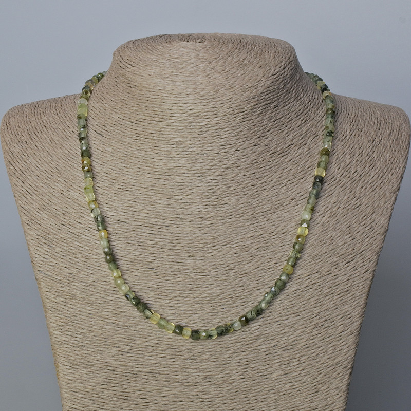 Prehnite Necklace with Faceted Natural Stone Cube, 4x4 mm, length 45 cm