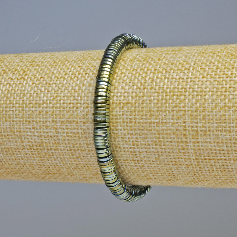 Hematite Rondelle Bracelet, CHAMELEON GREEN color, 6x1 mm plus/minus, length 18 cm plus/minus, stretch