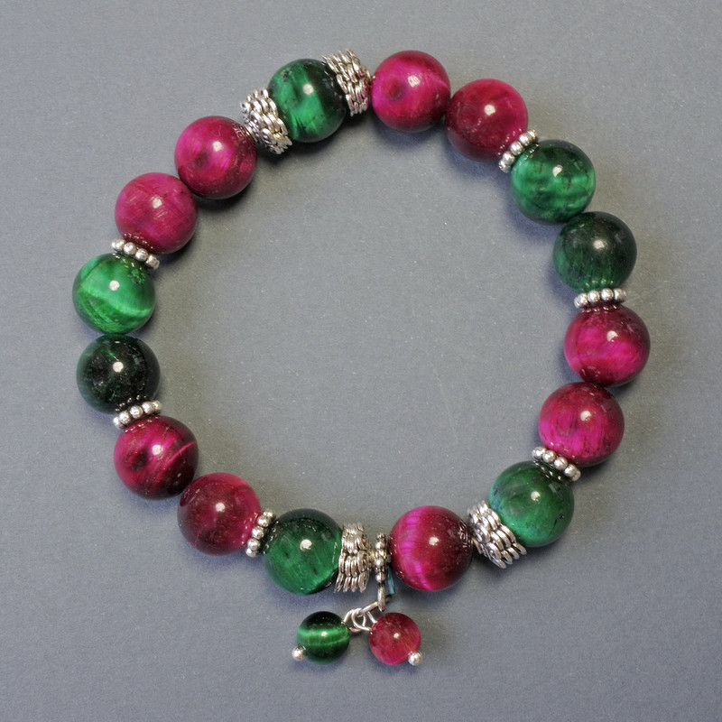 Bracelet Cat's Eye Natural Stone Smooth Beads, diameter 10mm± with Metal Inlays, length 18cm± Stretch