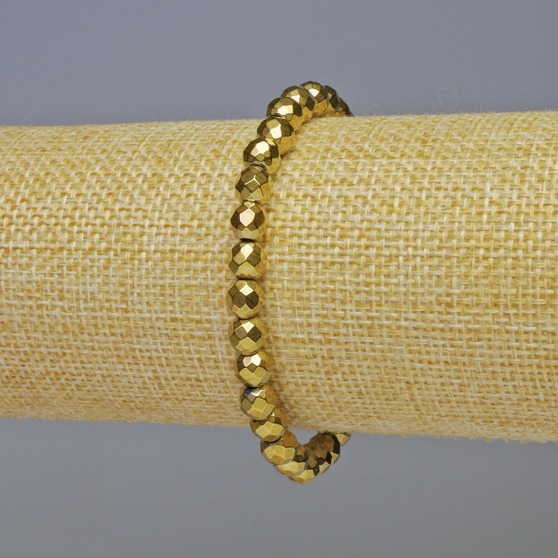 Hematite Bead-Style Bracelet in Gold Color, Faceted Round Beads 6mm, Stretch 18cm