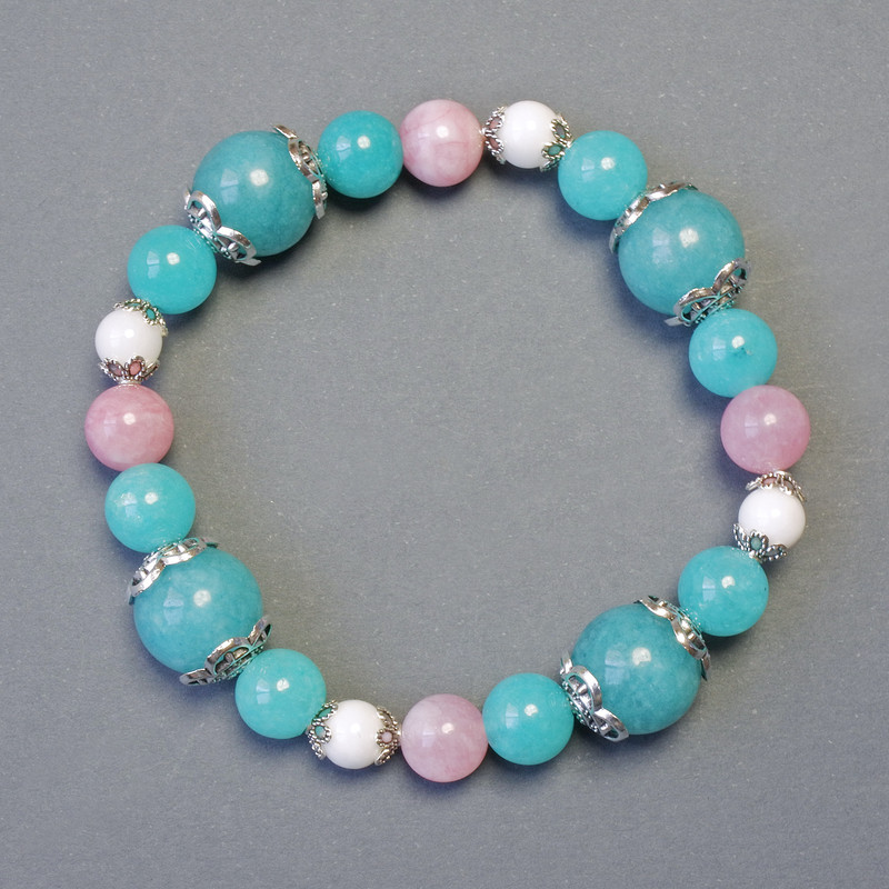 Agate, Aquamarine, Pink Quartz Stretch Bracelet 18 cm