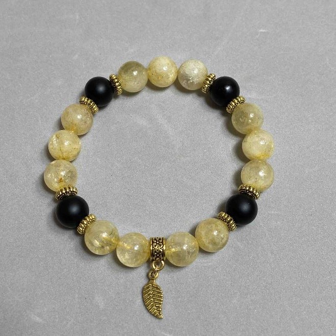 Bracelet Citrine smooth round beads, diameter 10mm ±, Hematite smooth round beads, diameter 10mm+, length 18cm stretch