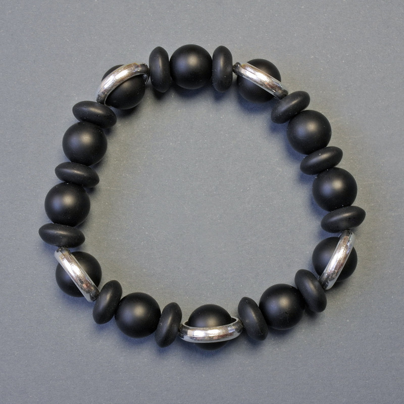 Shungite Bracelet Smooth Beads, 10mm± round, 10×4mm± ribbed, 18cm length stretch
