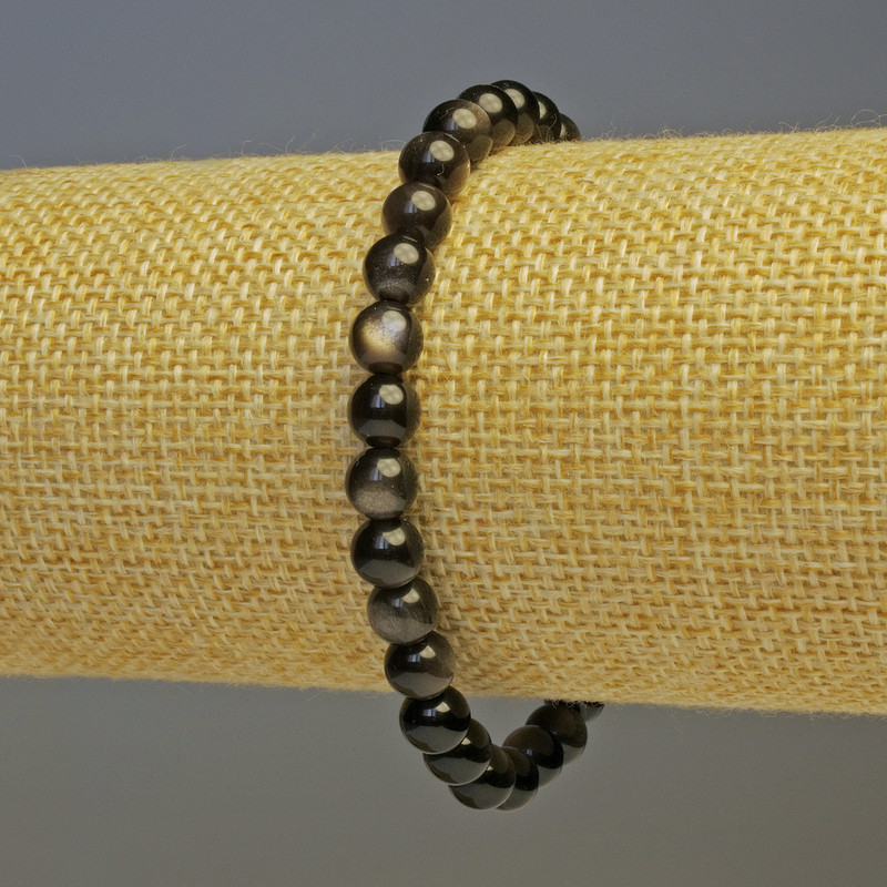  bracelet Silver Obsidian Smooth Bead, diameter 6 (+ -) mm, length 18cm stretch
