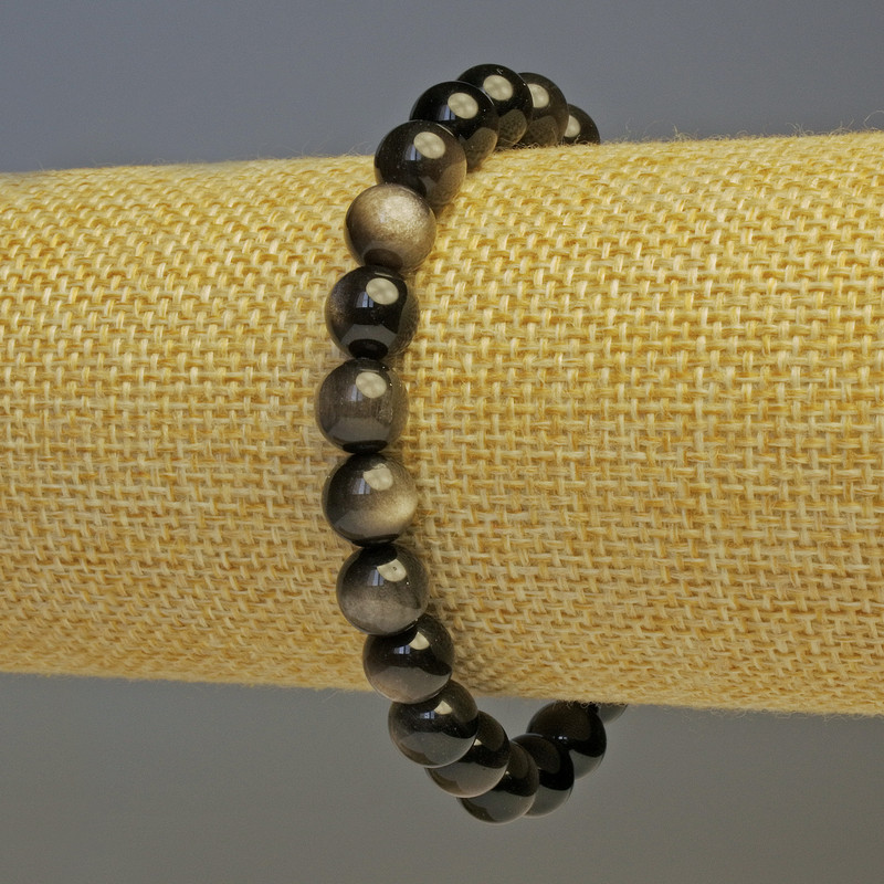 Bracelet Silver Obsidian Smooth Bead, 8 mm diameter (+/-), 18 cm length, stretch