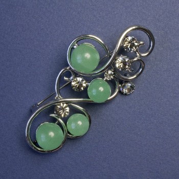 Brooch with Jade and Gray Rhinestones, Silver Tone Metal 75x37 mm+