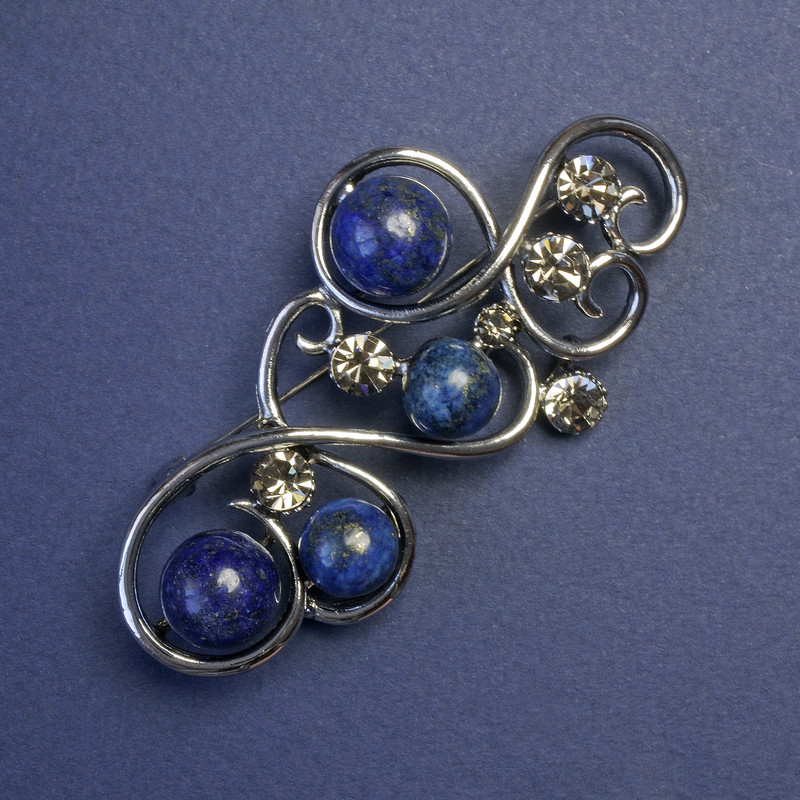 Brooch with Lapis Lazuli and Gray Rhinestones, Metal Color "Silver" 75x37 mm+
