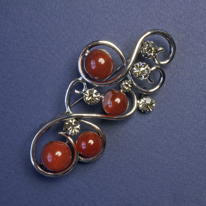 Brooch with Carnelian and Gray Rhinestones, silver-colored metal 75x37 mm+
