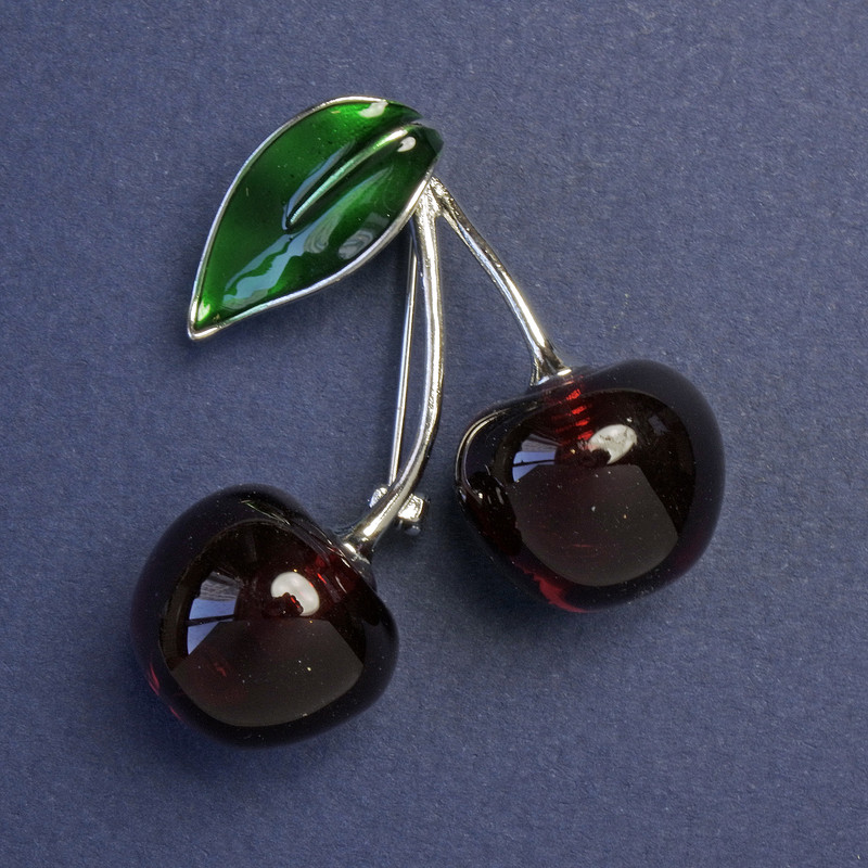 Brooch "Cherries" green enamel color, silver metal color 35x39 mm+