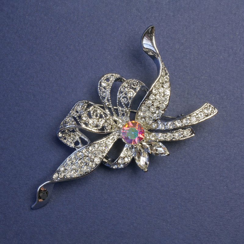 Brooch Accent with Rainbow Crystal and White Crystals Silver-tone Metal 78×41 mm +