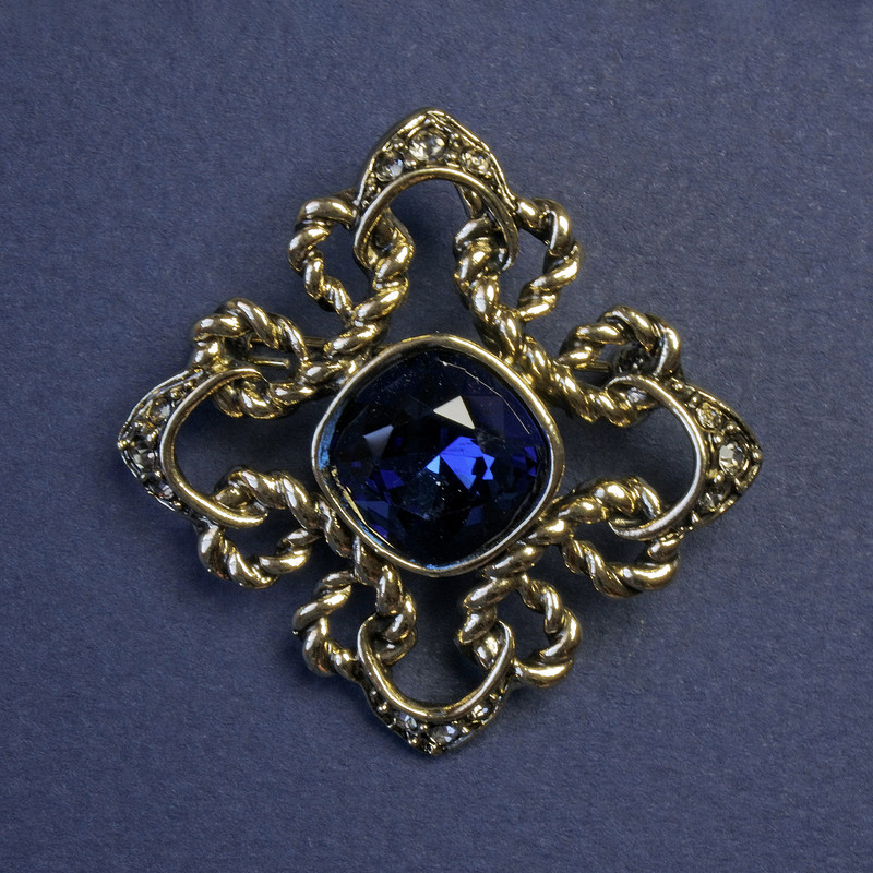 Brooch pendant Accent with blue crystal and rhinestones 40 mm +