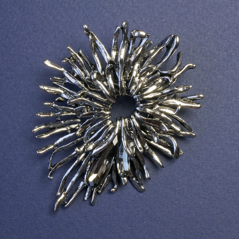 Brooch Pendant Flower with Gray Crystals Silver Metal 70x55mm+