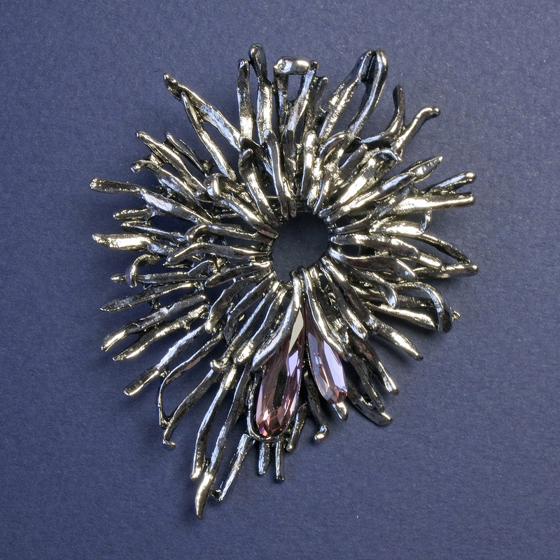 Brooch Pendant Flower with Pink Crystals Silver Metal 70x55mm+