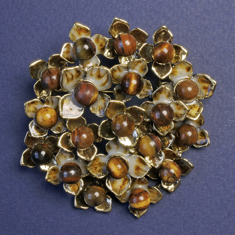 Brooch Pendant Flowers with Tiger's Eye, brown enamel, golden metal 60x62mm+