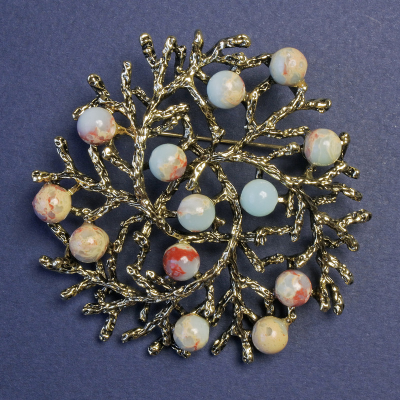 Brooch Pendant "Branches" with Amazonite, golden metal 60mm+