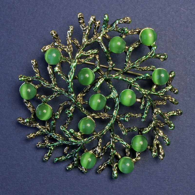 Brooch pendant "Branches" with Cat's Eye stone, enamel 60mm+