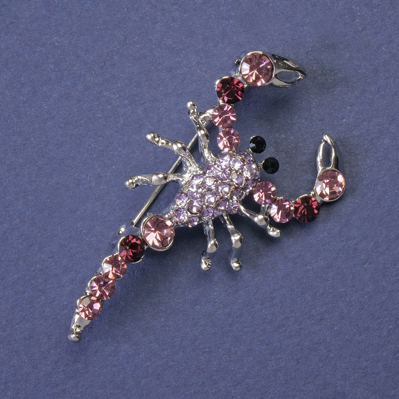 Brooch Scorpio with pink and purple rhinestones, silver-tone metal, 47x25mm +
