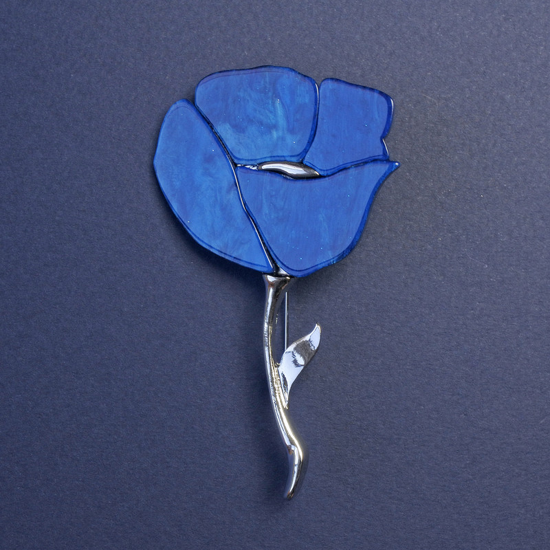 Brooch Blue Poppy with Pearlescent and Silver Beads 76x46 mm+