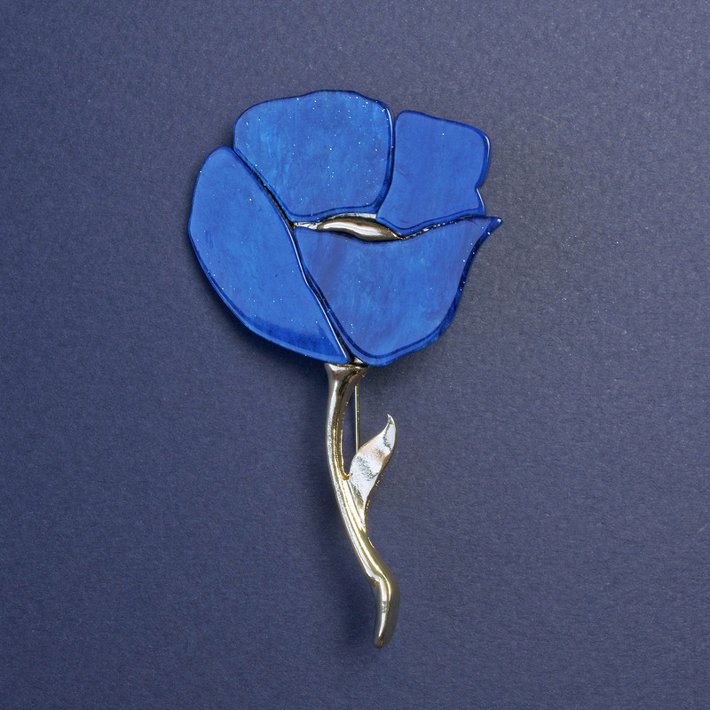 Brooch Blue Poppy with Pearlized Shine and Golden Metal 76x46 mm+