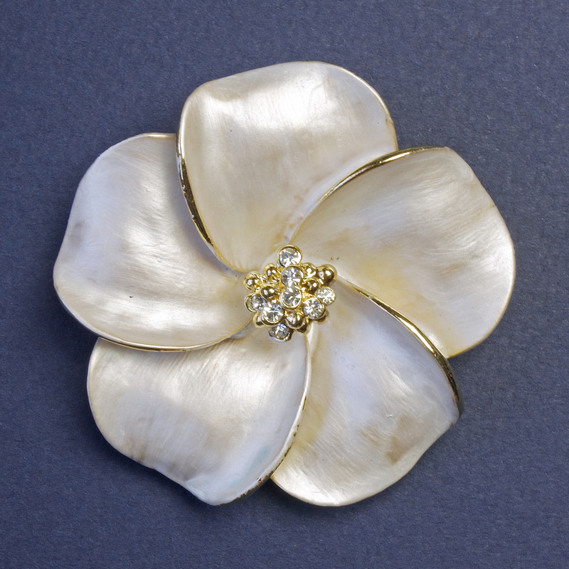Brooch Flower with White Crystals 50x50mm+-, Pearl Enamel, Gold-tone Metal