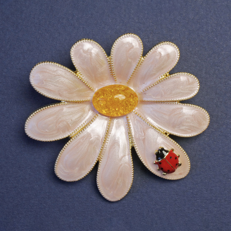 Brooch Flower with Ladybug 56x52mm±, pink and yellow enamel, golden metal