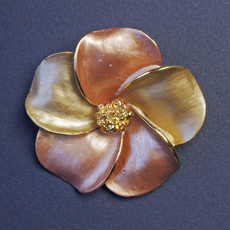 Brooch Flower with Yellow Crystals 50x50mm±, mother-of-pearl enamel, golden metal