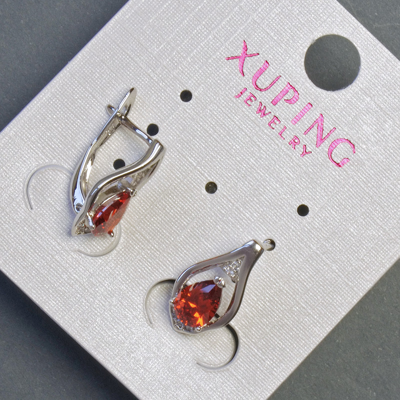 Xuping Earrings with Red Cubic Zirconia, 16 mm length, 8 mm thickness, Rhodium-plated