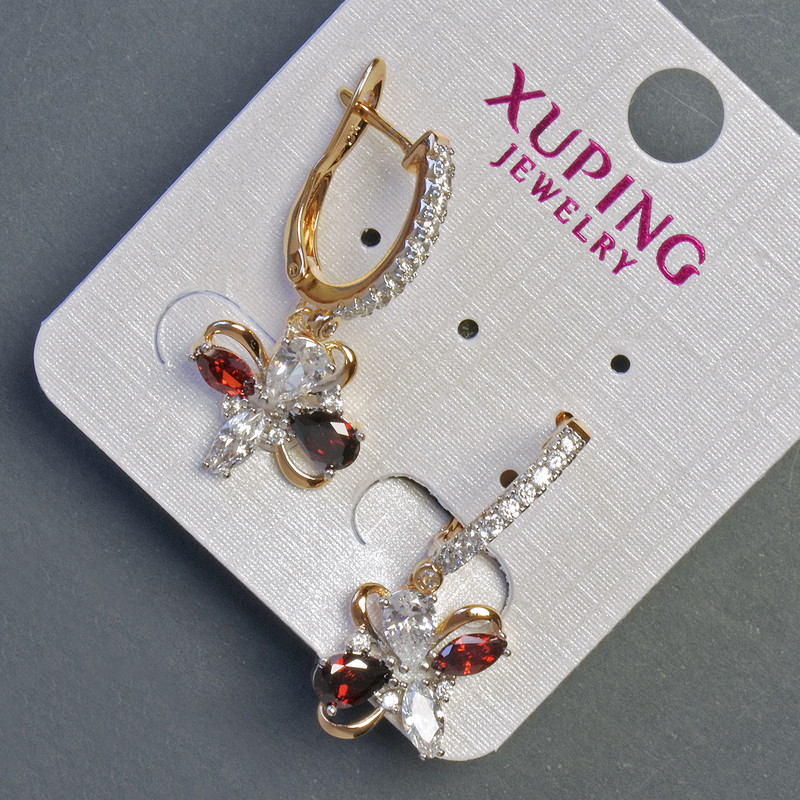 Earrings Xuping 18K gold plating with rhodium, red stone and white rhinestones 30x12mm