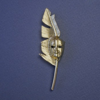  Brooch Pendant Writer's Feather with Mask Dark Gold Tone Metal 80x23mm-+