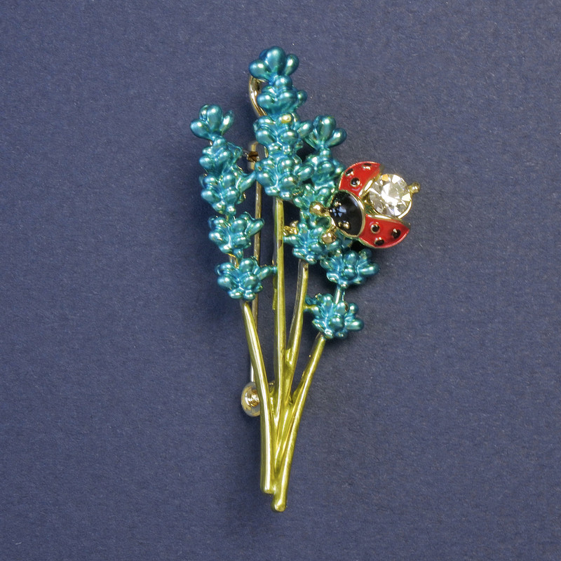 Brooch pendant bouquet of lavender with turquoise and green enamel 51x26mm+- gold-tone metal