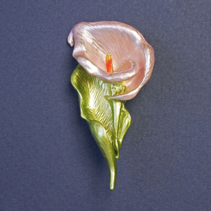 Brooch Kalab Flower Pink with Green Enamel on Golden Metal 54×27mm±