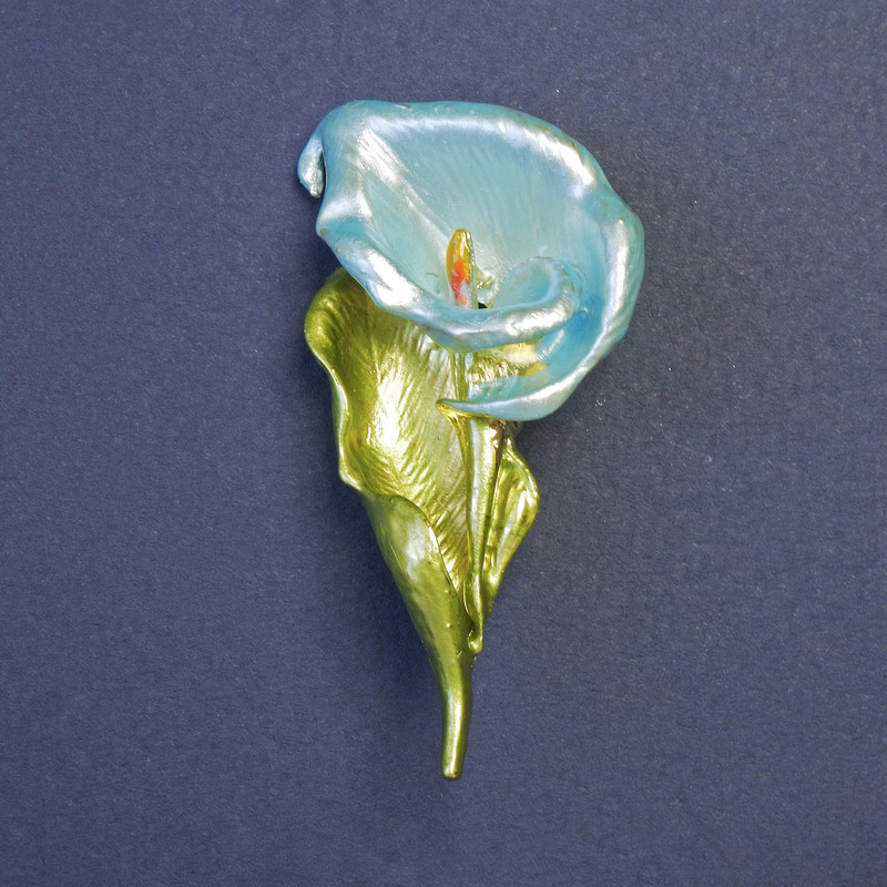 Brooch Kalha Flower Turquoise with Green Enamel and Gold-tone Metal 54×27mm ±