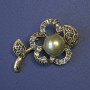 Brooch Flower with Gray Pearl and Rhinestones 48x30mm+- gold-tone metal