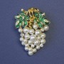 Brooch pendant Grapes of Vines with White Pearls 45x30mm± green enamel gold-tone metal