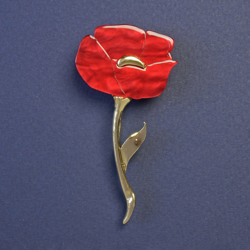 Flower Brooch Red Poppy with Pearl Red 63x32mm+- gold metal