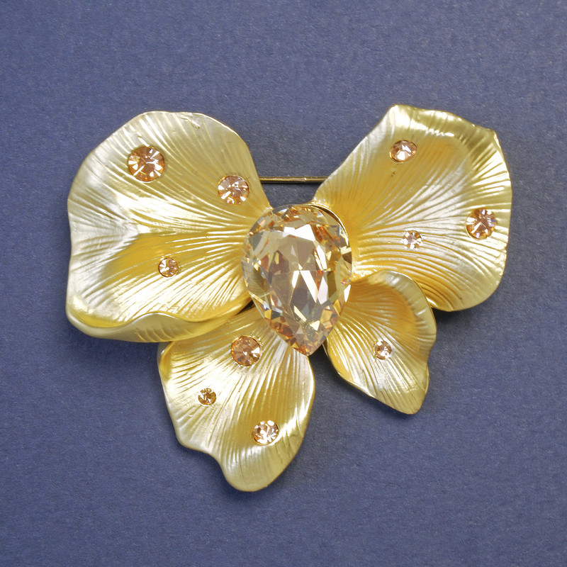 Brooch Bow with Large Yellow Crystal 53x48mm+- Golden Metal