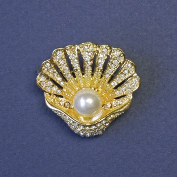 Brooch Shell with White Pearl studded with Crystals 28x28mm+- golden metal
