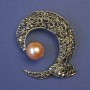 Brooch Accent with Brown Pearl and Gray Rhinestones 45x48mm+- Bronze Metal