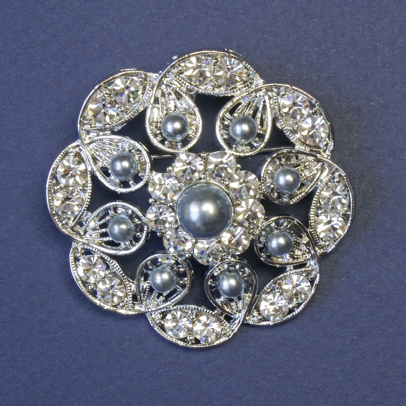 Brooch Accent with Gray Pearls and White Crystals 43mm+- Silver Metal