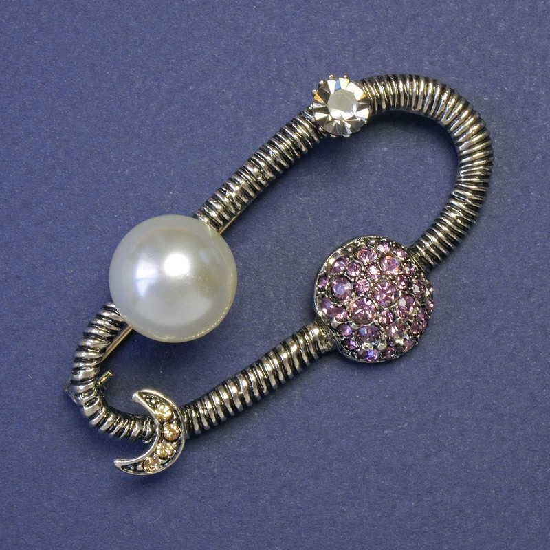 Brooch Orbit with Planets White Pearl (piece) Pink Crystals 53×32mm± Silver Metal