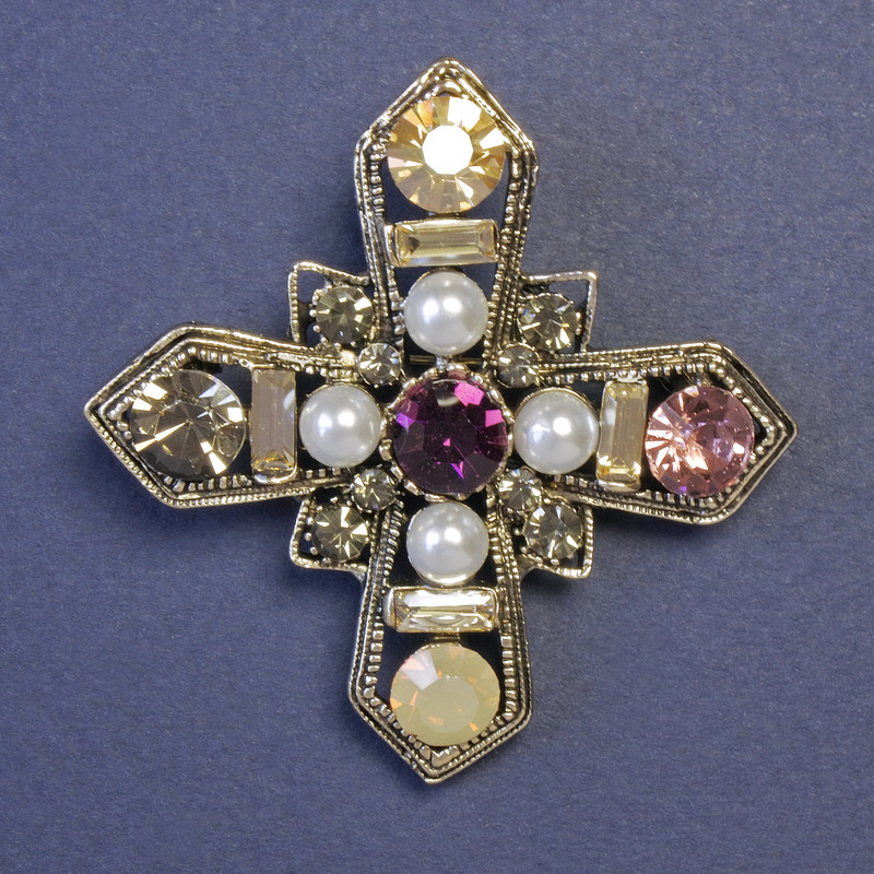 Brooch Maltese Cross embellished with white pearls and multicolored rhinestones 52x52mm+- silver metal