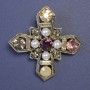 Brooch Maltese Cross embellished with white pearls and multicolored rhinestones 52x52mm+- silver metal